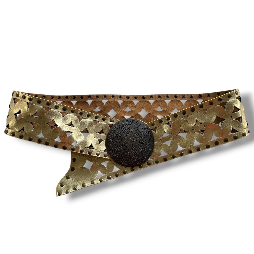 Gold Metallic Leather Wide Waist Belt Oversized Medallion Buckle Cutout Stud VTG
